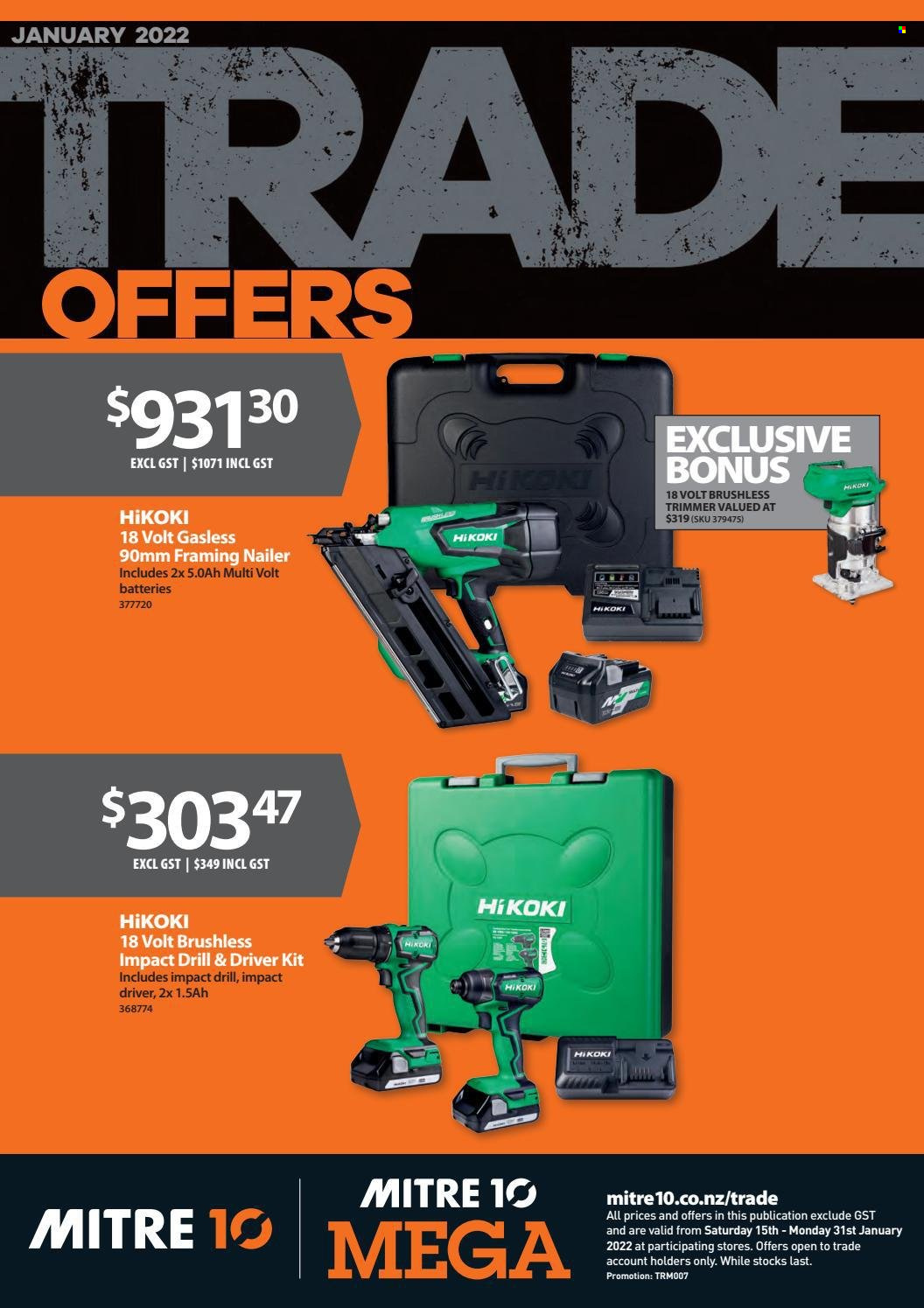 Mitre 10 mailer - 01.01.2022 - 31.01.2022 - Sales products - impact driver, trimmer. Page 1.
