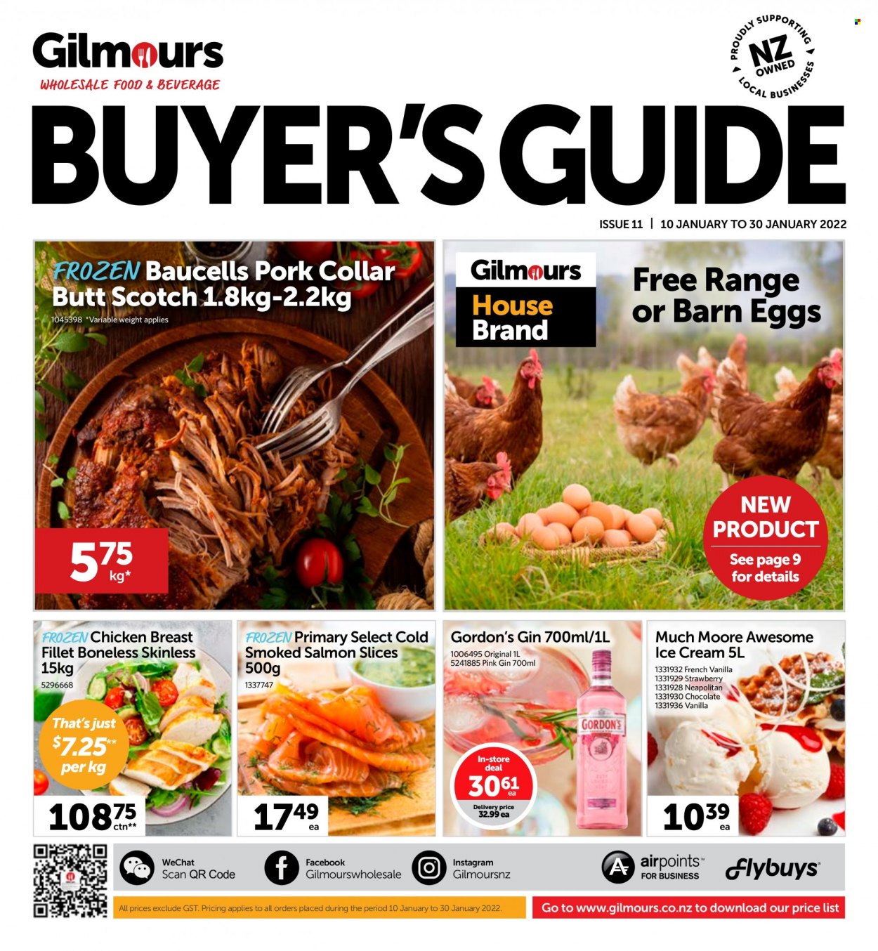 Gilmours mailer - 10.01.2022 - 30.01.2022 - Sales products - salmon, smoked salmon, eggs, ice cream, Much Moore, gin, Gordon's, chicken breasts, chicken meat. Page 1.