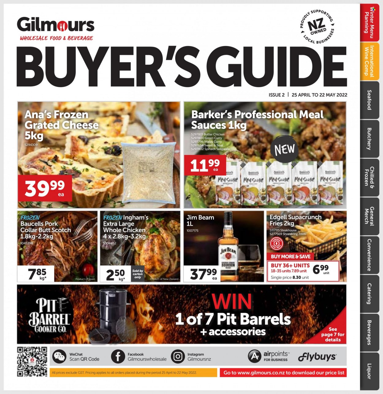 Gilmours mailer - 25.04.2022 - 22.05.2022 - Sales products - seafood, cheese, grated cheese, potato fries, wine, liquor, Jim Beam, whole chicken, chicken meat. Page 1.