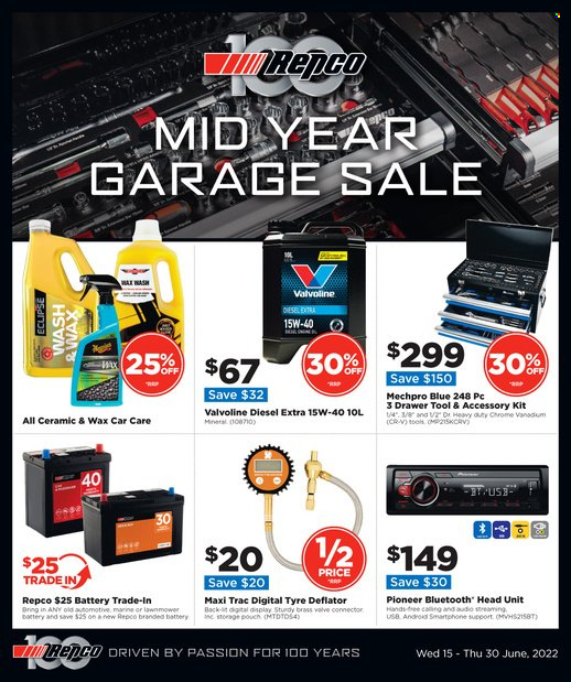 Repco mailer - 15.06.2022 - 30.06.2022 - Sales products - battery, Pioneer, Mechpro Blue, Eclipse, Valvoline. Page 1.