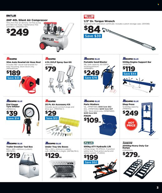 Repco mailer - 15.06.2022 - 30.06.2022 - Sales products - trailer, tool box, torque wrench, air compressor, sand blaster, air hose, Mechpro Blue, spray gun, tire inflator, car ramps. Page 3.