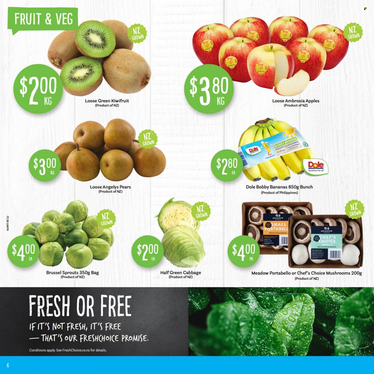Fresh Choice mailer - 20.06.2022 - 26.06.2022 - Sales products - mushroom, cabbage, Dole, brussels sprout, bananas, kiwi, pears, apples, Sunshine. Page 6.