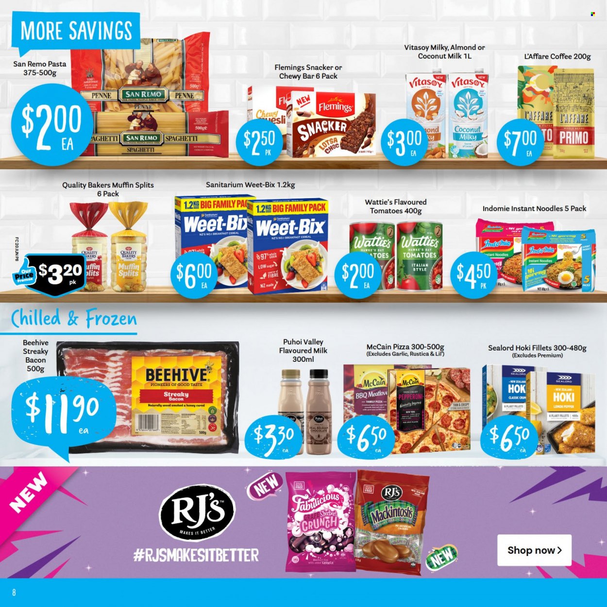 Fresh Choice mailer - 20.06.2022 - 26.06.2022 - Sales products - muffin, garlic, Sealord, hoki fish, spaghetti, pizza, instant noodles, noodles, Wattie's, bacon, streaky bacon, pepperoni, flavoured milk, Vitasoy, family pizza, McCain, chocolate, candy, cereal bar, coconut milk, cereals, Weet-Bix, penne, honey, coffee, Bakers. Page 8.