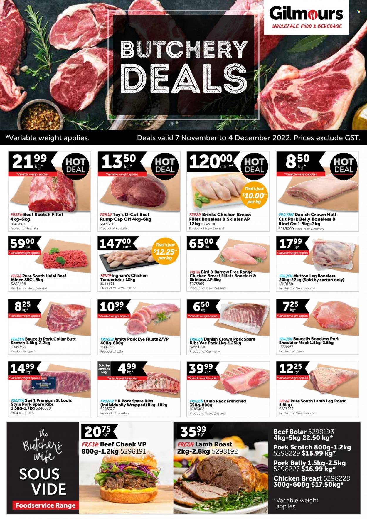 Gilmours mailer - 07.11.2022 - 04.12.2022 - Sales products - chicken breasts, chicken meat, beef meat, ground beef, pork belly, pork meat, pork ribs, pork shoulder, pork spare ribs, lamb meat, lamb roast, mutton meat, lamb leg. Page 1.