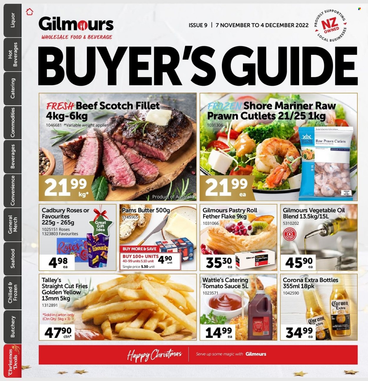 Gilmours mailer - 07.11.2022 - 04.12.2022 - Sales products - seafood, prawns, Shore Mariner, sauce, Wattie's, butter, potato fries, Cadbury, Cadbury Roses, tomato sauce, vegetable oil, oil, liquor, beer, Corona, XTRA. Page 1.