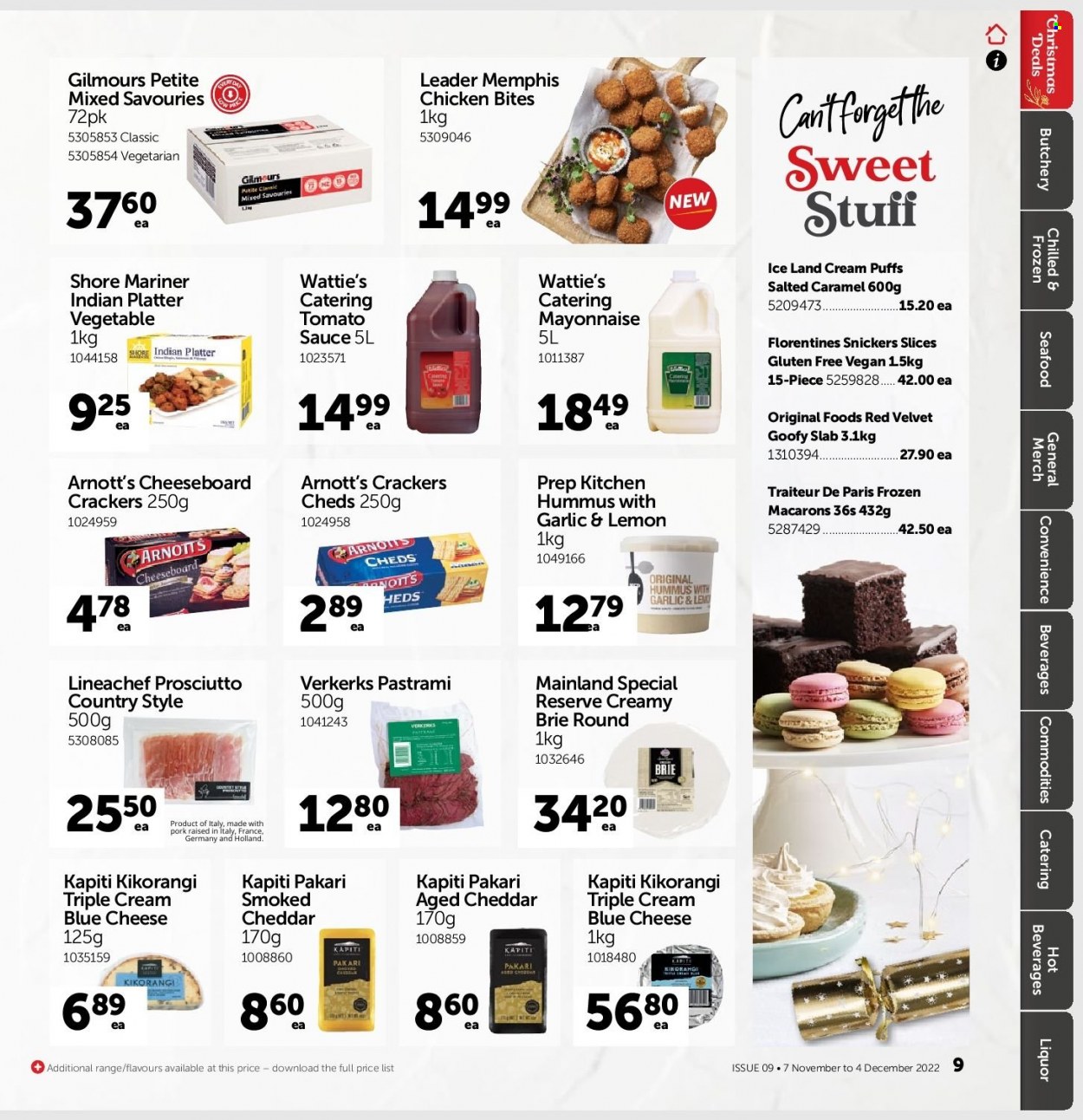 Gilmours mailer - 07.11.2022 - 04.12.2022 - Sales products - Puffs, cream puffs, seafood, Shore Mariner, sauce, Wattie's, prosciutto, pastrami, hummus, blue cheese, cheddar, cheese, brie cheese, mayonnaise, chicken bites, Snickers, crackers, tomato sauce, liquor, beef meat. Page 8.