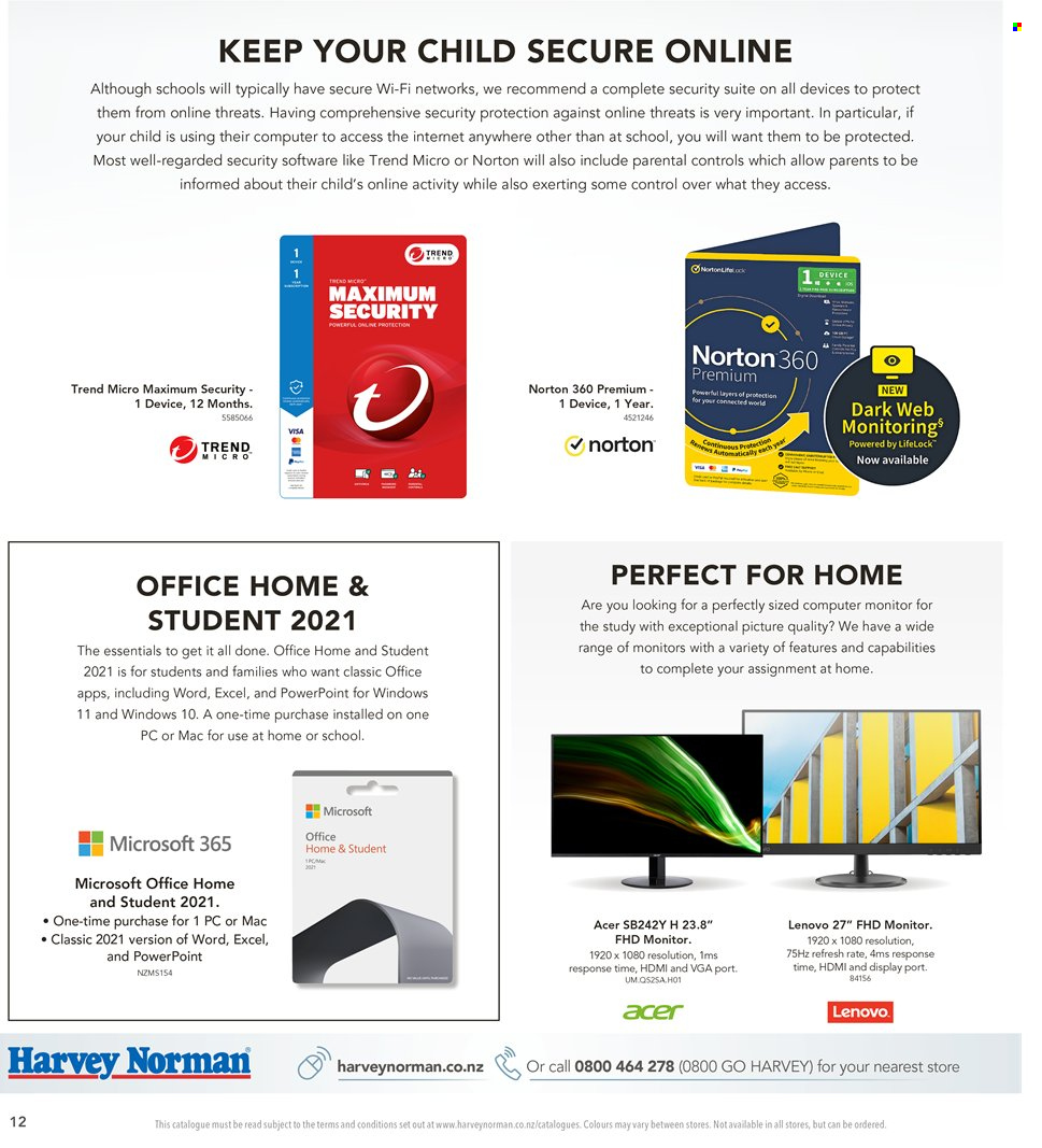 Harvey Norman mailer - 01.11.2023 - 28.12.2023 - Sales products - Norton, Office Home, Acer, Lenovo, computer, monitor. Page 12.