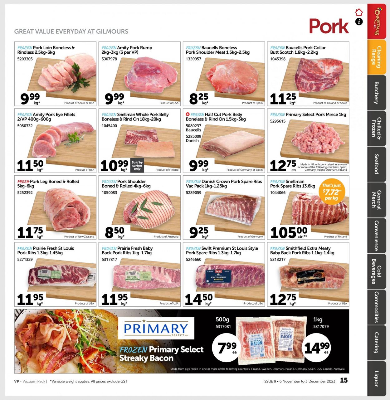 Gilmours mailer - 06.11.2023 - 03.12.2023 - Sales products - seafood, bacon, streaky bacon, alcohol, liqueur, liquor, ribs, ground pork, pork belly, pork loin, pork meat, pork ribs, pork shoulder, pork spare ribs, pork leg, pork back ribs, lamb meat, lamb shoulder, mutton meat, rack of lamb, lamb leg, venison meat. Page 14.