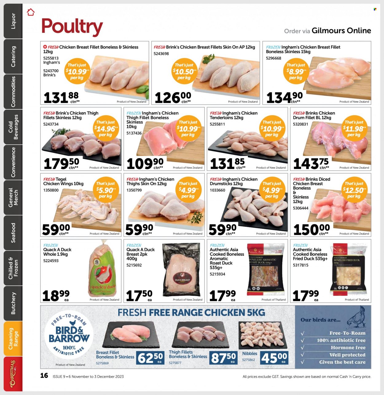 Gilmours mailer - 06.11.2023 - 03.12.2023 - Sales products - cake, croissant, Pain au Chocolat, seafood, pizza, chicken tenders, roast, chicken breasts, colby cheese, cream cheese, edam cheese, sliced cheese, cheddar, cheese, grated cheese, custard, yoghurt, margarine, Anchor, chicken wings, basil, pesto, alcohol, liqueur, liquor, chicken thighs, chicken drumsticks, duck meat, duck breasts, chicken. Page 15.