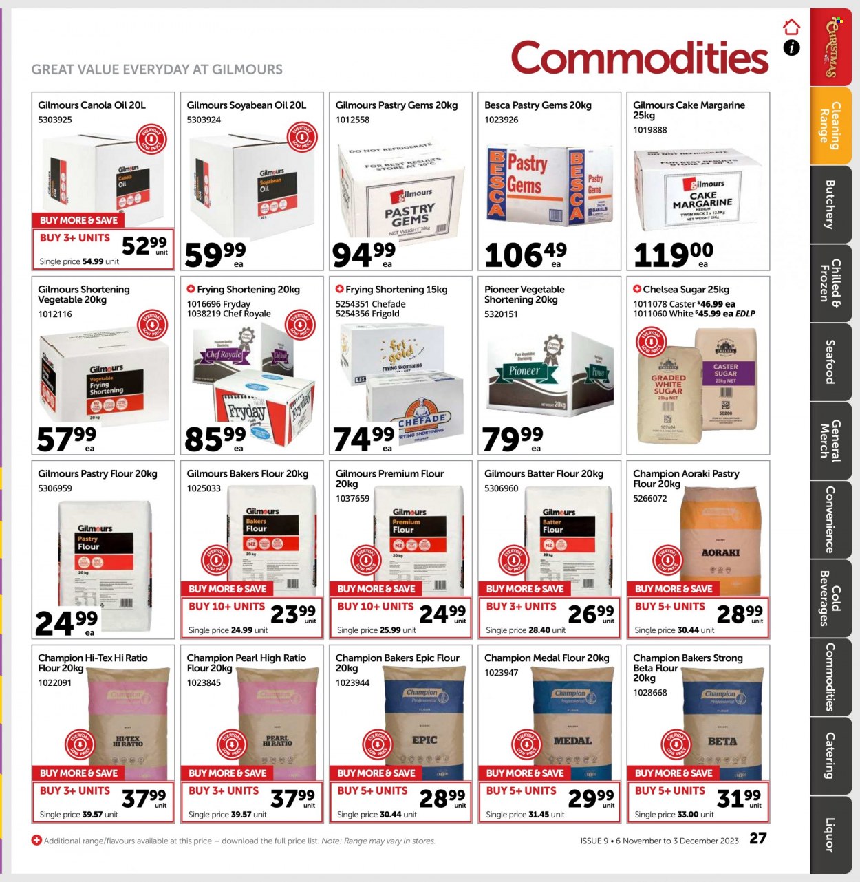 Gilmours mailer - 06.11.2023 - 03.12.2023 - Sales products - cake, kiwi, seafood, margarine, flour, shortening, sugar, canola oil, oil, fruit punch, soda, carbonated soft drink, alcohol, liqueur, liquor. Page 26.