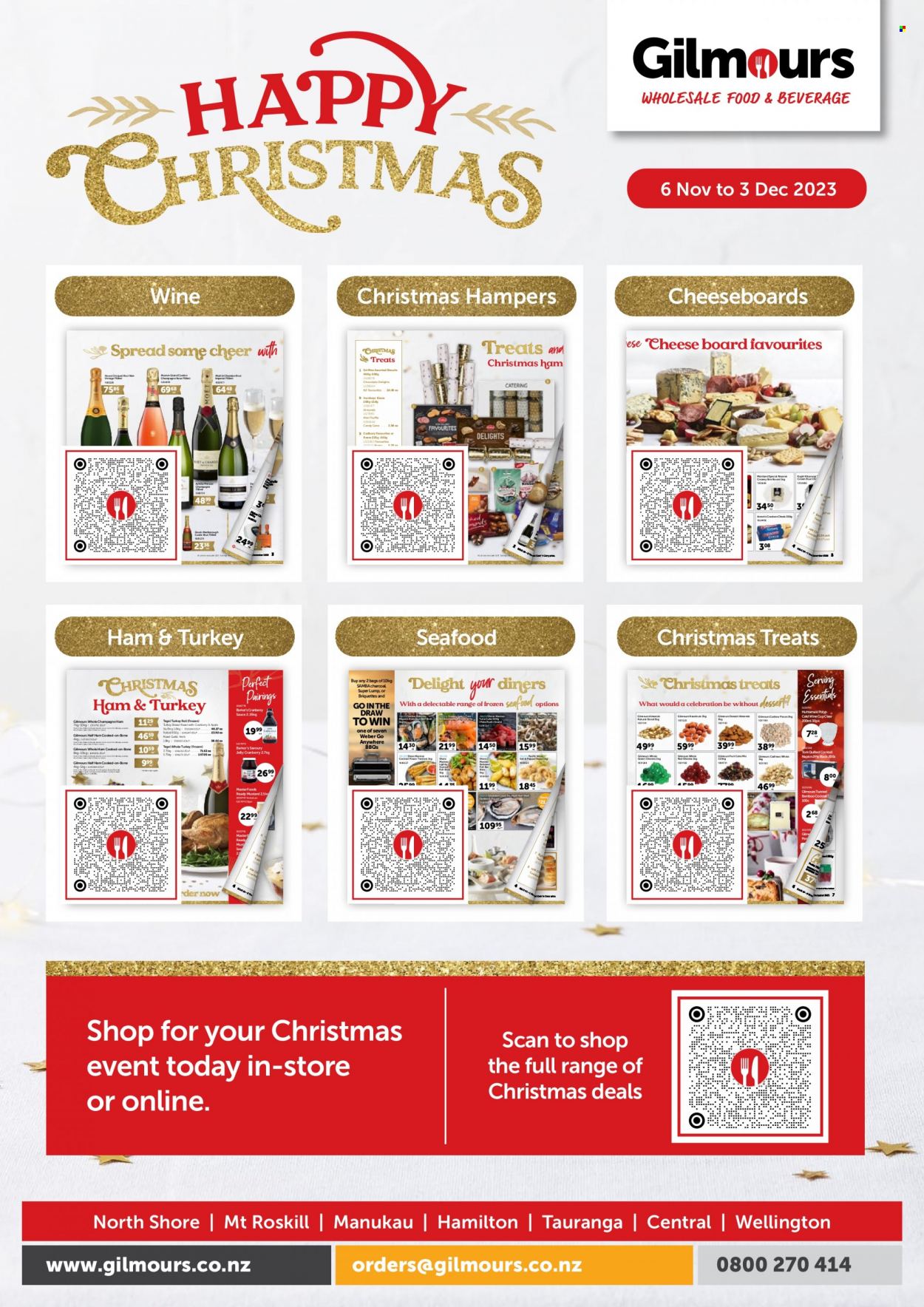 Gilmours mailer - 06.11.2023 - 03.12.2023 - Sales products - christmas hamper, dessert, seafood, sauce, roast, half ham, ham, hamper, Hershey's, candy cane, truffles, jelly, Celebration, crackers, biscuit, Cadbury, chocolate candies, Candy, mint, mustard, cranberry sauce, almonds, sparkling wine, champagne, wine, Moët & Chandon, alcohol, turkey, napkins. Page 1.