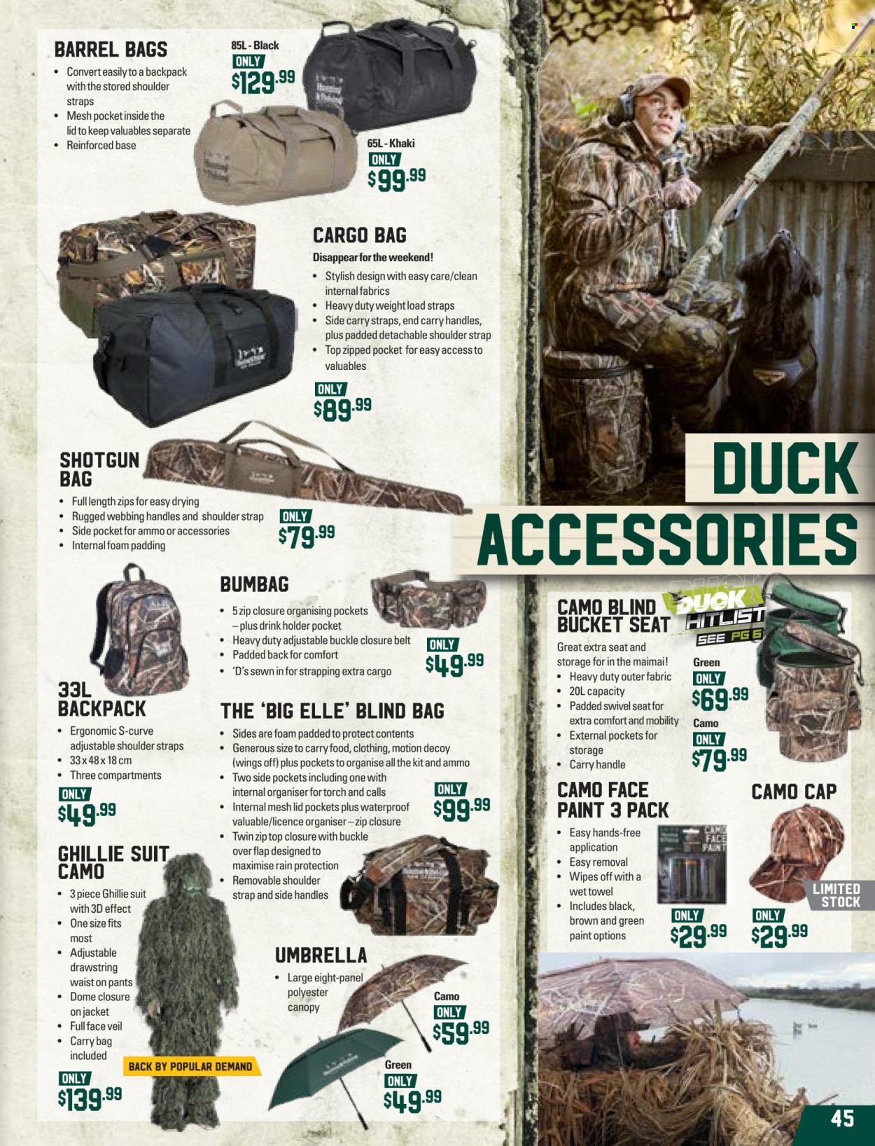 thumbnail - Hunting & Fishing mailer - Sales products - lid, holder, pants, cap, umbrella, shotgun, torch, drink holder, ammo. Page 45.