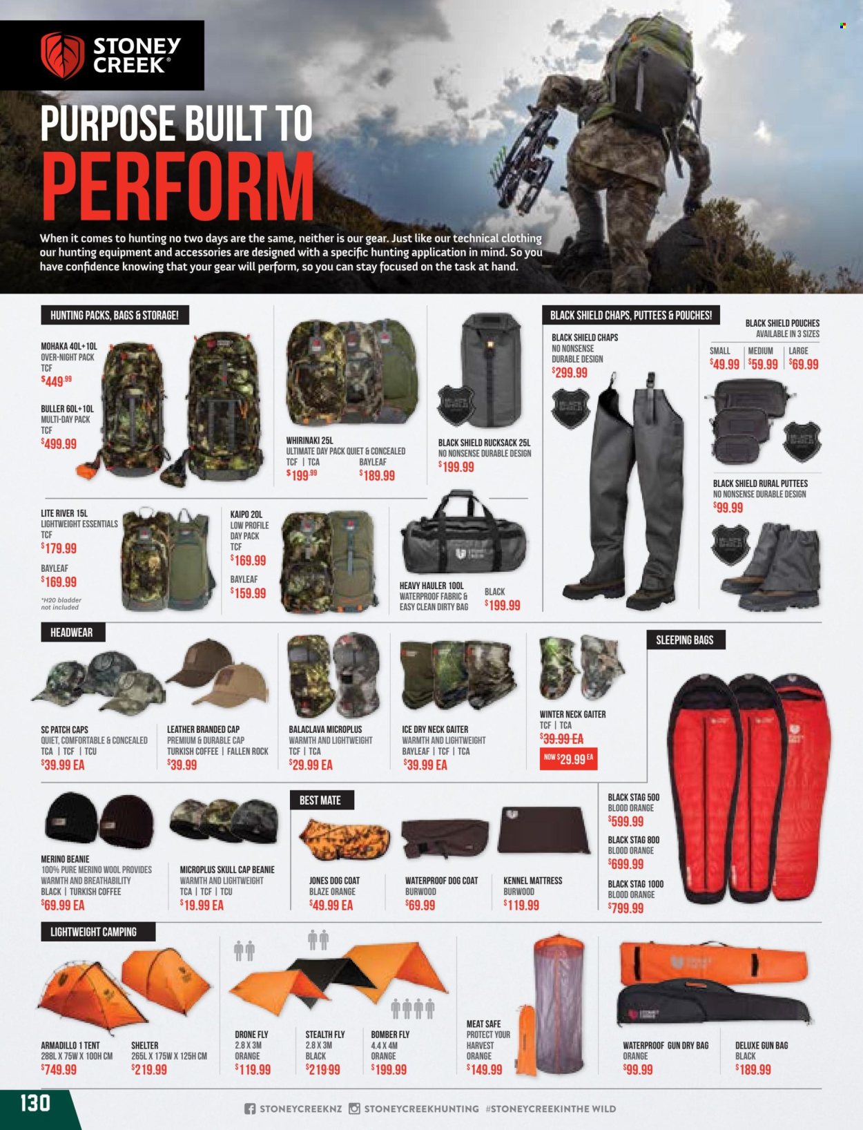 thumbnail - Hunting & Fishing mailer - Sales products - beanie, cap, headwear, rucksack, sleeping bag, tent, gun, dry bag. Page 130.