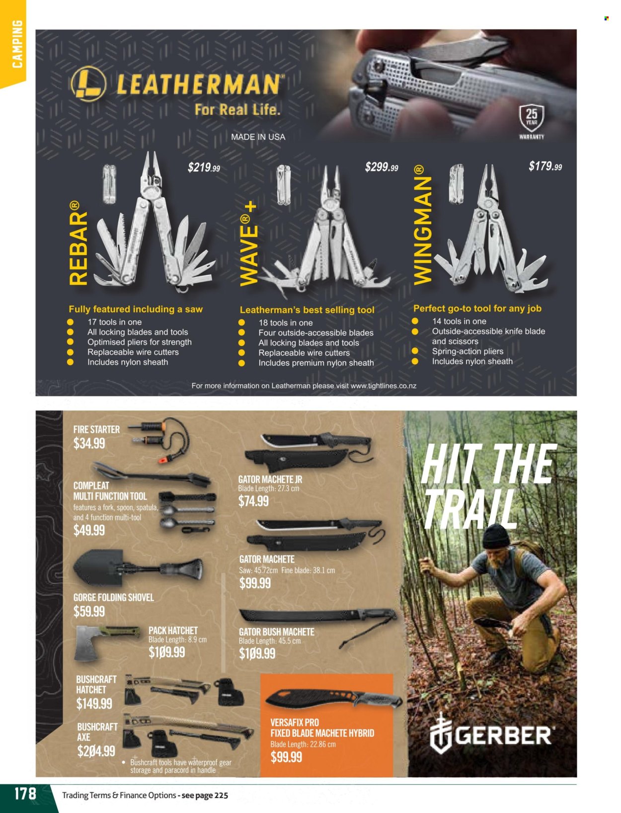 thumbnail - Hunting & Fishing mailer - Sales products - fork, spatula, spoon, Gerber, shovel, scissors, Axe, multi-tool. Page 178.
