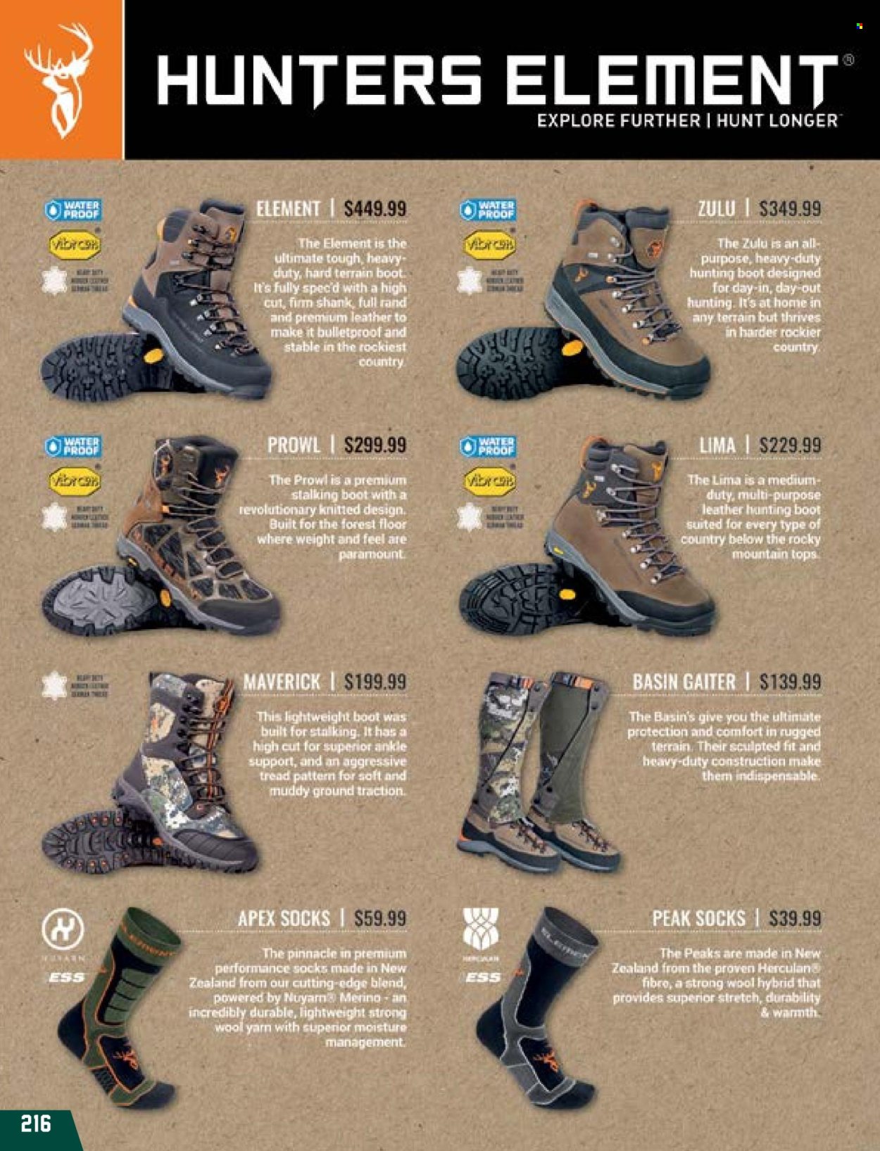 thumbnail - Hunting & Fishing mailer - Sales products - boots, tops, socks. Page 216.