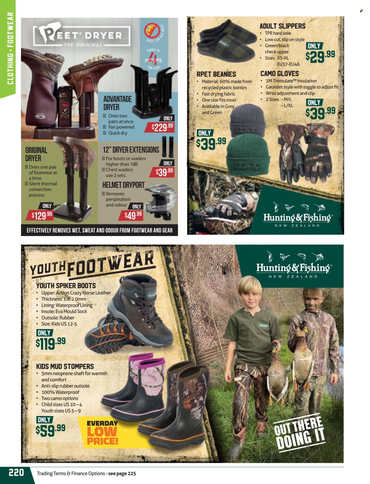 thumbnail - Hunting & Fishing mailer - Sales products - boots, slippers, beanie, gloves, helmet, neoprene. Page 220.