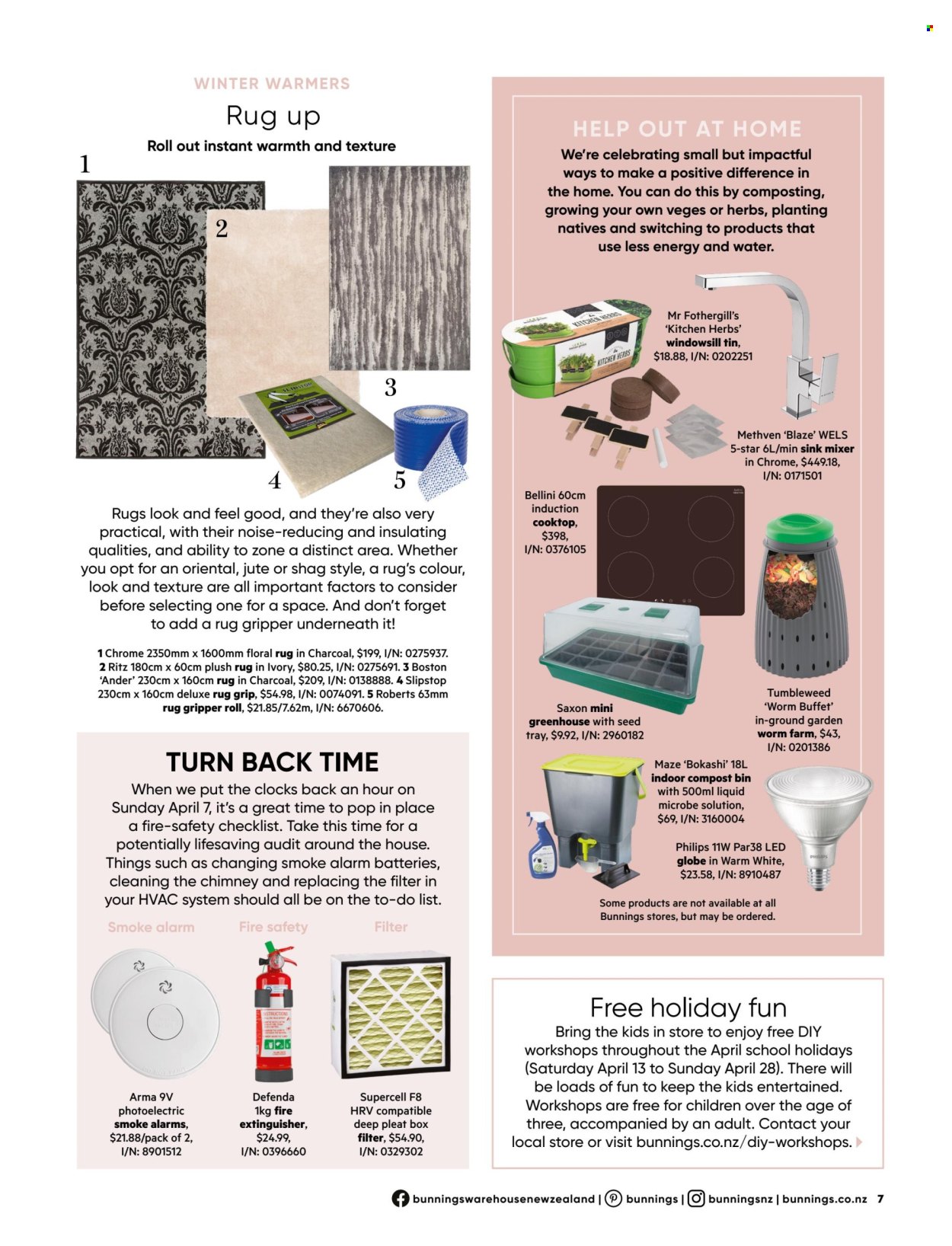 thumbnail - Bunnings Warehouse mailer - Sales products - clock, extinguisher, rug gripper, bin, compost bin, tray, battery, Philips, alarm, smoke alarm, cooktop, induction cooktop, rug, plush rug, greenhouse. Page 7.