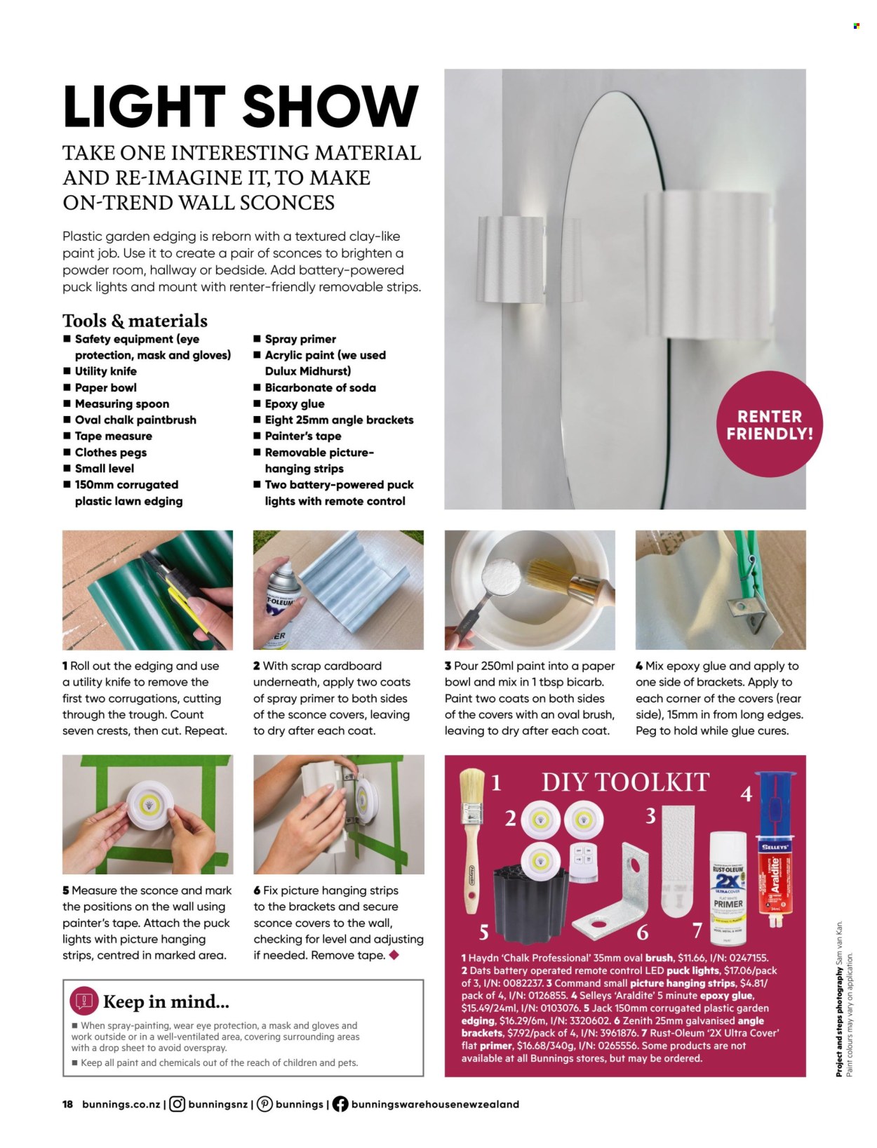 thumbnail - Bunnings Warehouse mailer - Sales products - picture hanging strip, clothes peg, brush, spoon, glue, Plasto, plastic drop sheet, paint accessories, Dulux, LED light, measuring tape, utility knife, angle brackets. Page 18.