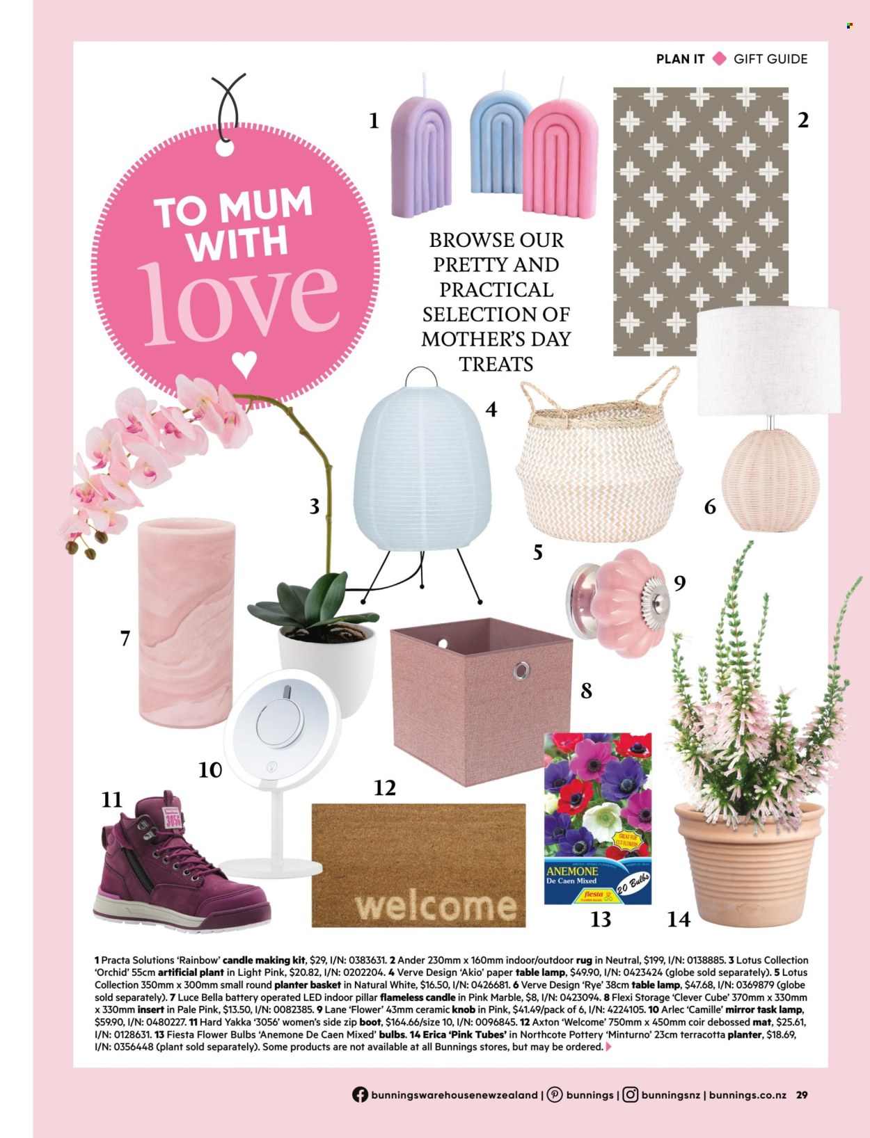 thumbnail - Bunnings Warehouse mailer - Sales products - Lotus, mirror, artificial plant, basket, candle, lamp, task lamp, table lamp, rug, outdoor rug, flower bulbs, plant pot. Page 29.