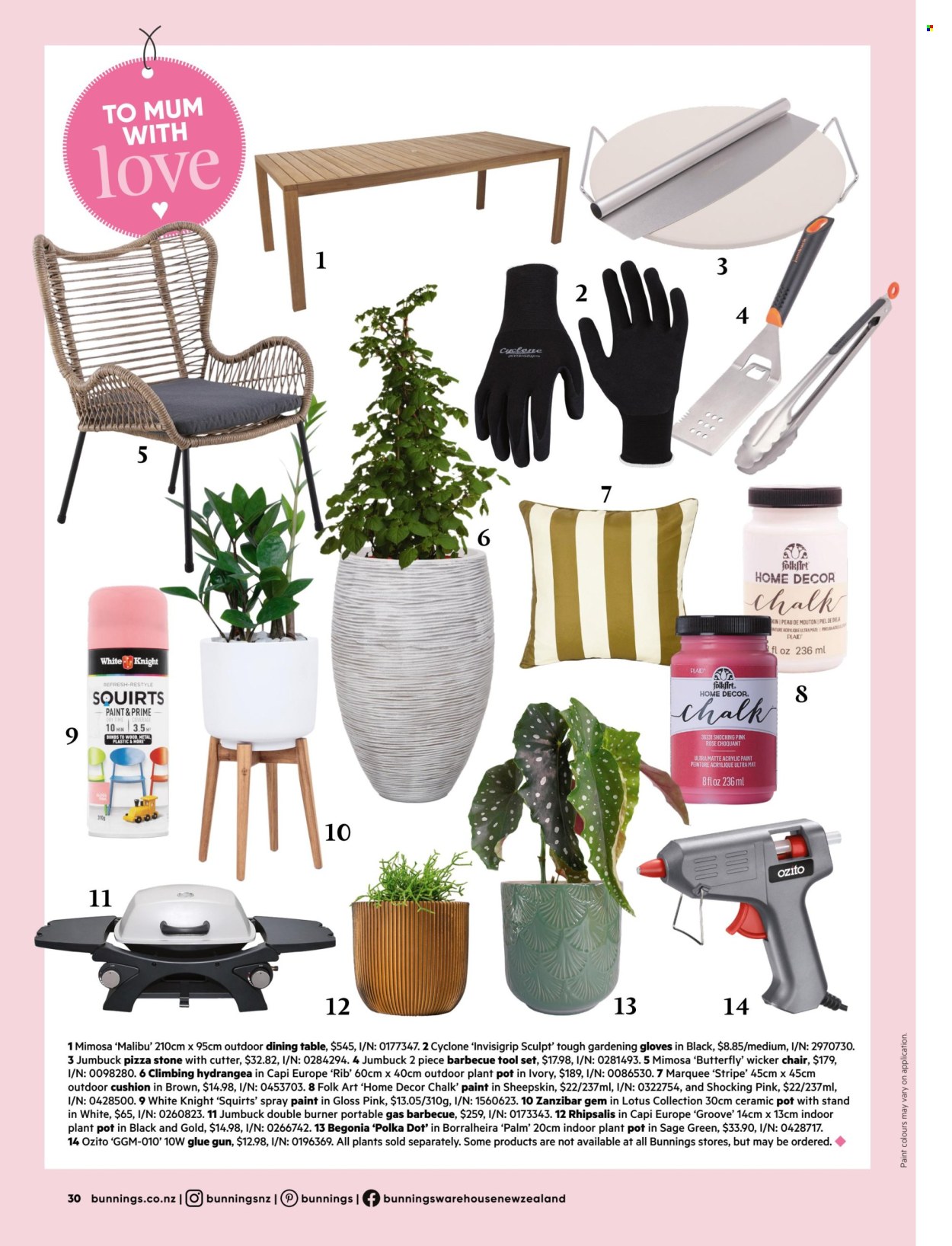 thumbnail - Bunnings Warehouse mailer - Sales products - dining table, table, chair, cushion, pizza stone, gloves, pot, cutter, spray paint, tool set, glue gun, houseplant, begonia, hydrangea, outdoor plant, plant pot, garden gloves. Page 30.