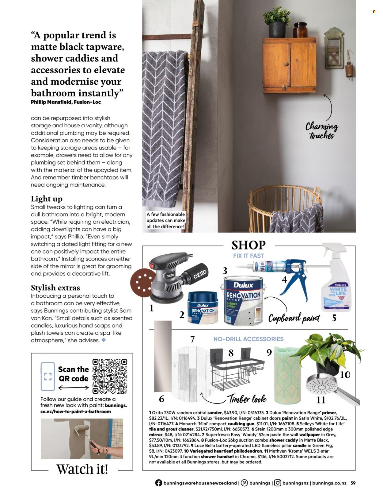 thumbnail - Bunnings Warehouse mailer - Sales products - cabinet, cupboard, vanity, mirror, tools & accessories, cleaner, candle, towel, Dulux, wallpaper, lighting. Page 59.