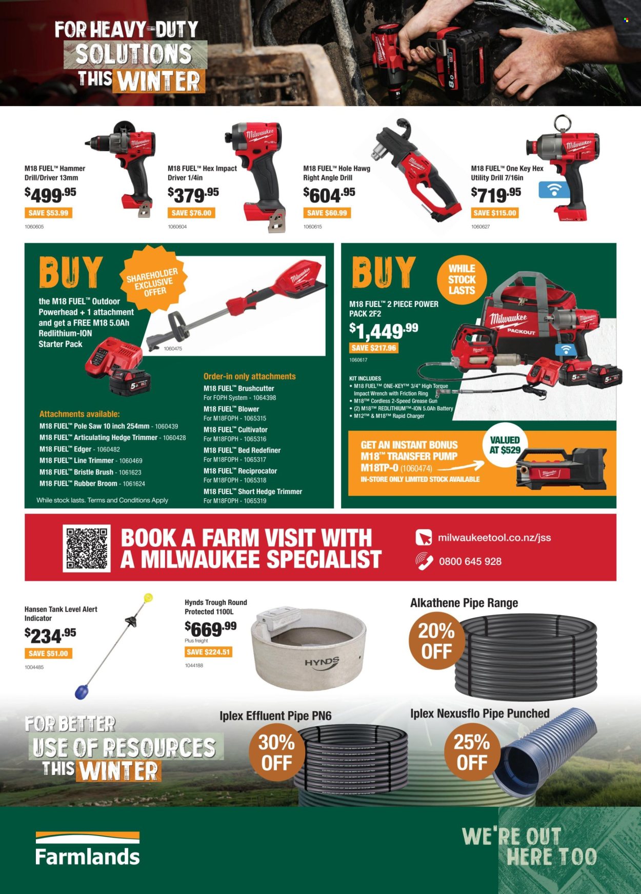 thumbnail - Farmlands mailer - Sales products - tank, pipe, Milwaukee, drill, impact driver, hammer, impact wrench, saw, string trimmer, hedge trimmer, blower. Page 3.