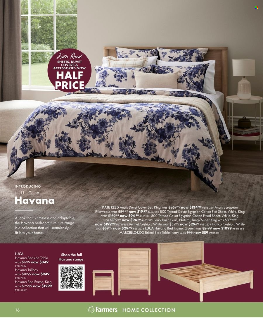 thumbnail - Farmers mailer - 18.04.2024 - 01.05.2024 - Sales products - cushion, linens, pillowcase, quilt cover set, bed sheet, sidetable, bed frame, bedside table. Page 16.