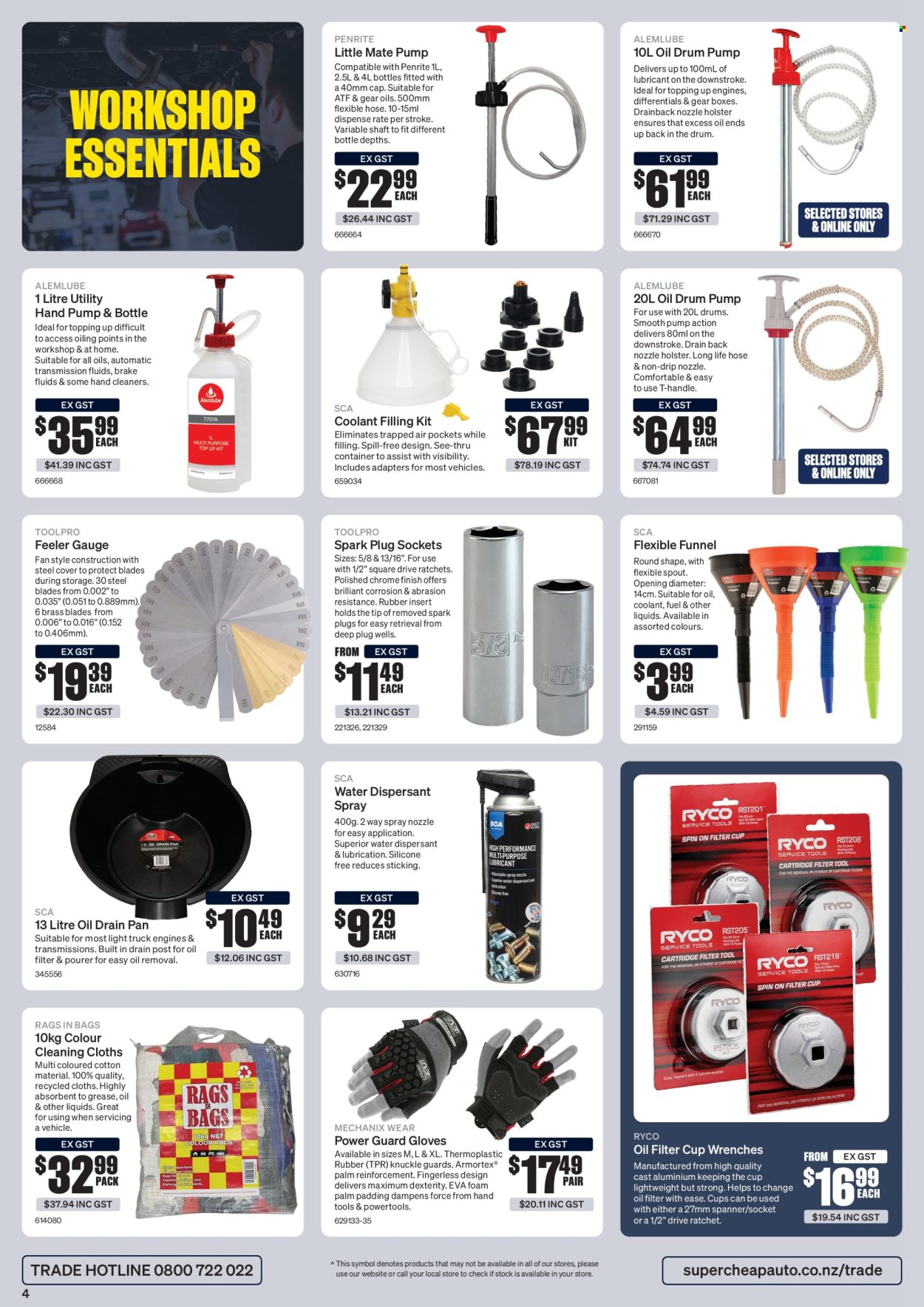 thumbnail - SuperCheap Auto mailer - 19.04.2024 - 17.05.2024 - Sales products - cleaner, plug, rags, cloths, pan, cup, container, pump, spanner, hand tools, gauge, hose accessories, vehicle, spark plugs, oil filter, Penrite, holster. Page 4.