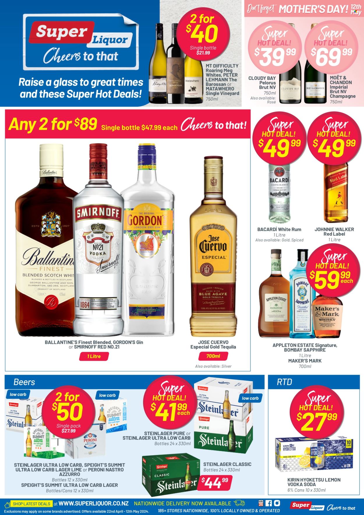 thumbnail - Super Liquor mailer - 22.04.2024 - 12.05.2024 - Sales products - sparkling wine, champagne, Moët & Chandon, alcohol, Bacardi, gin, rum, Smirnoff, tequila, Johnnie Walker, Gordon's, whisky, beer, Steinlager, Peroni, Lager. Page 1.
