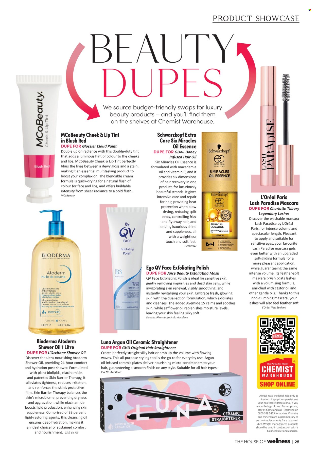 thumbnail - Chemist Warehouse mailer - 01.05.2024 - 31.05.2024 - Sales products - Schwarzkopf, L’Oréal, Niacinamide, heat protection, hair oil, polish, mascara, straightener, argan oil, dietary supplement, vitamins. Page 25.