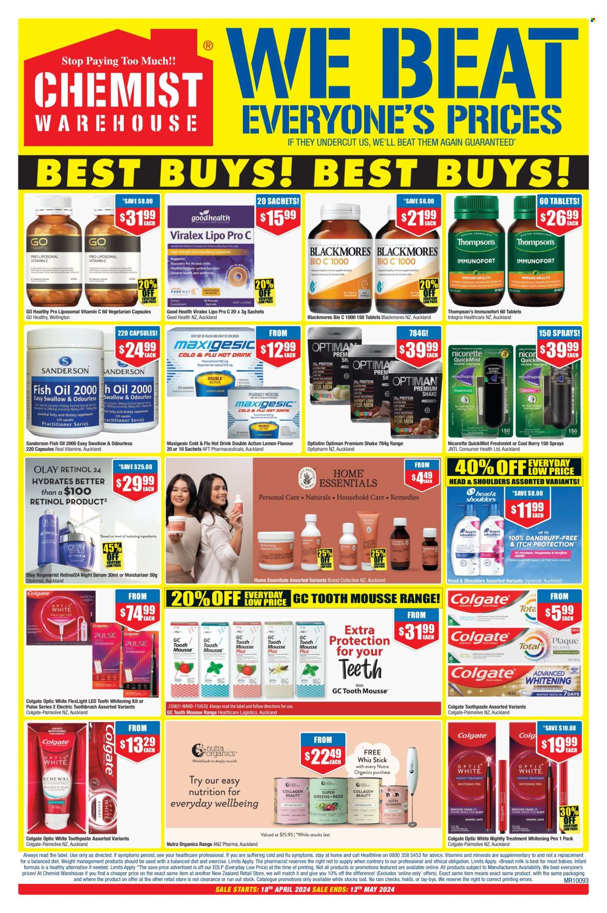 thumbnail - Chemist Warehouse mailer - 18.04.2024 - 12.05.2024 - Sales products - Palmolive, Colgate, toothbrush, toothpaste, teeth whitening, serum, Olay, Head & Shoulders, mousse, electric toothbrush, Cold & Flu, fish oil, Nicorette, nicotine therapy, Thompson's, Blackmores, dietary supplement, Optislim, vitamins. Page 2.