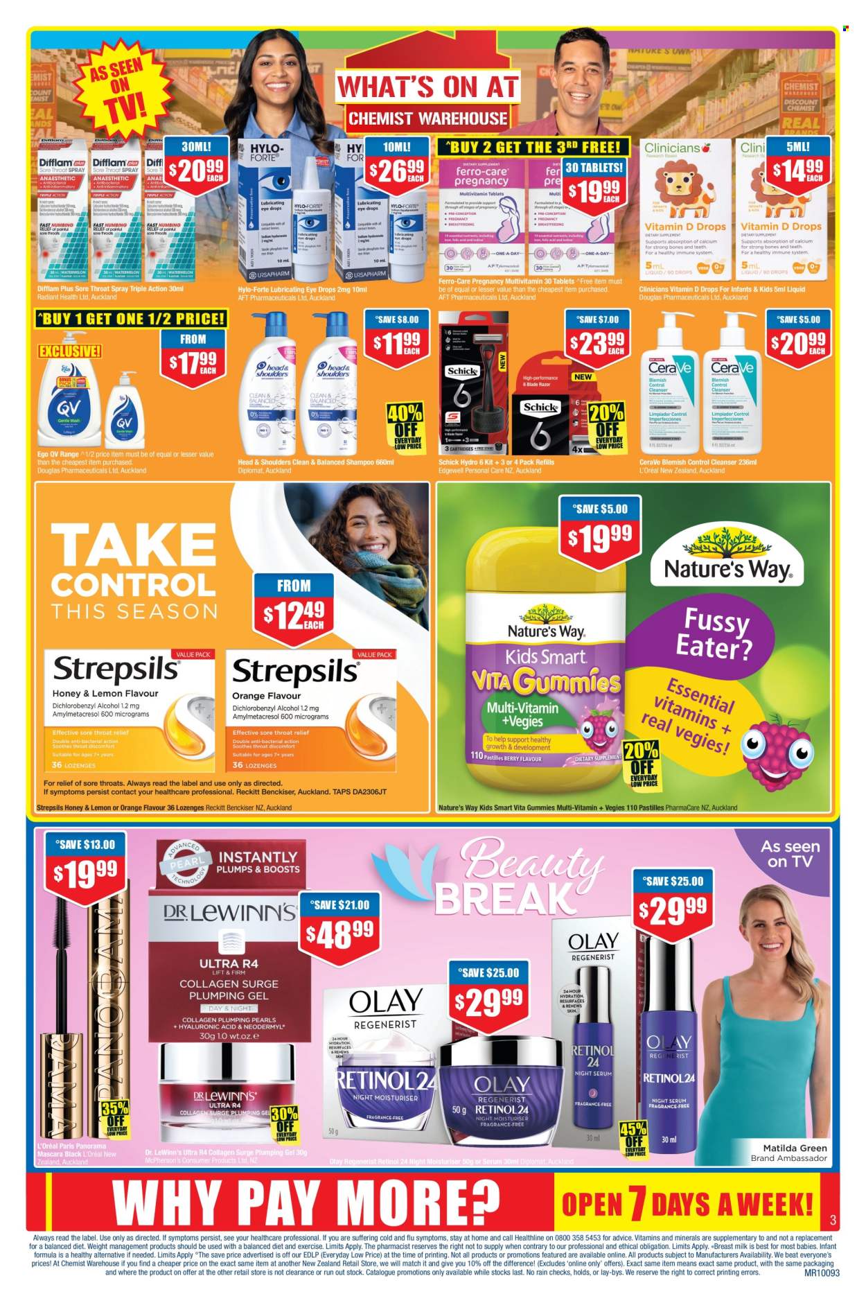 thumbnail - Chemist Warehouse mailer - 18.04.2024 - 12.05.2024 - Sales products - antibacterial spray, shampoo, CeraVe, cleanser, L’Oréal, serum, Olay, Head & Shoulders, Schick, mascara, multivitamin, eye drops, pastilles, Strepsils, dietary supplement, health supplement, vitamins. Page 3.