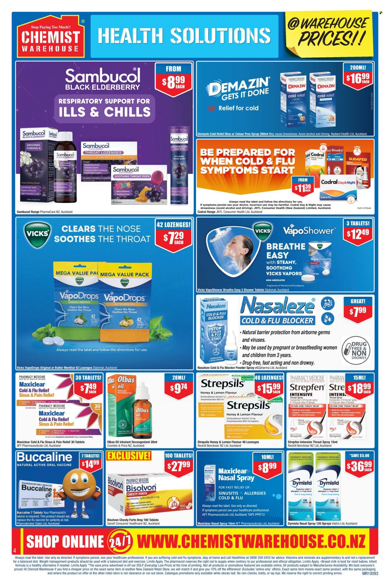 thumbnail - Chemist Warehouse mailer - 18.04.2024 - 12.05.2024 - Sales products - antibacterial spray, Vicks, pain relief, Cold & Flu, syrup, Strepsils, Sambucol, nasal spray, dietary supplement, Codral, vitamins. Page 4.