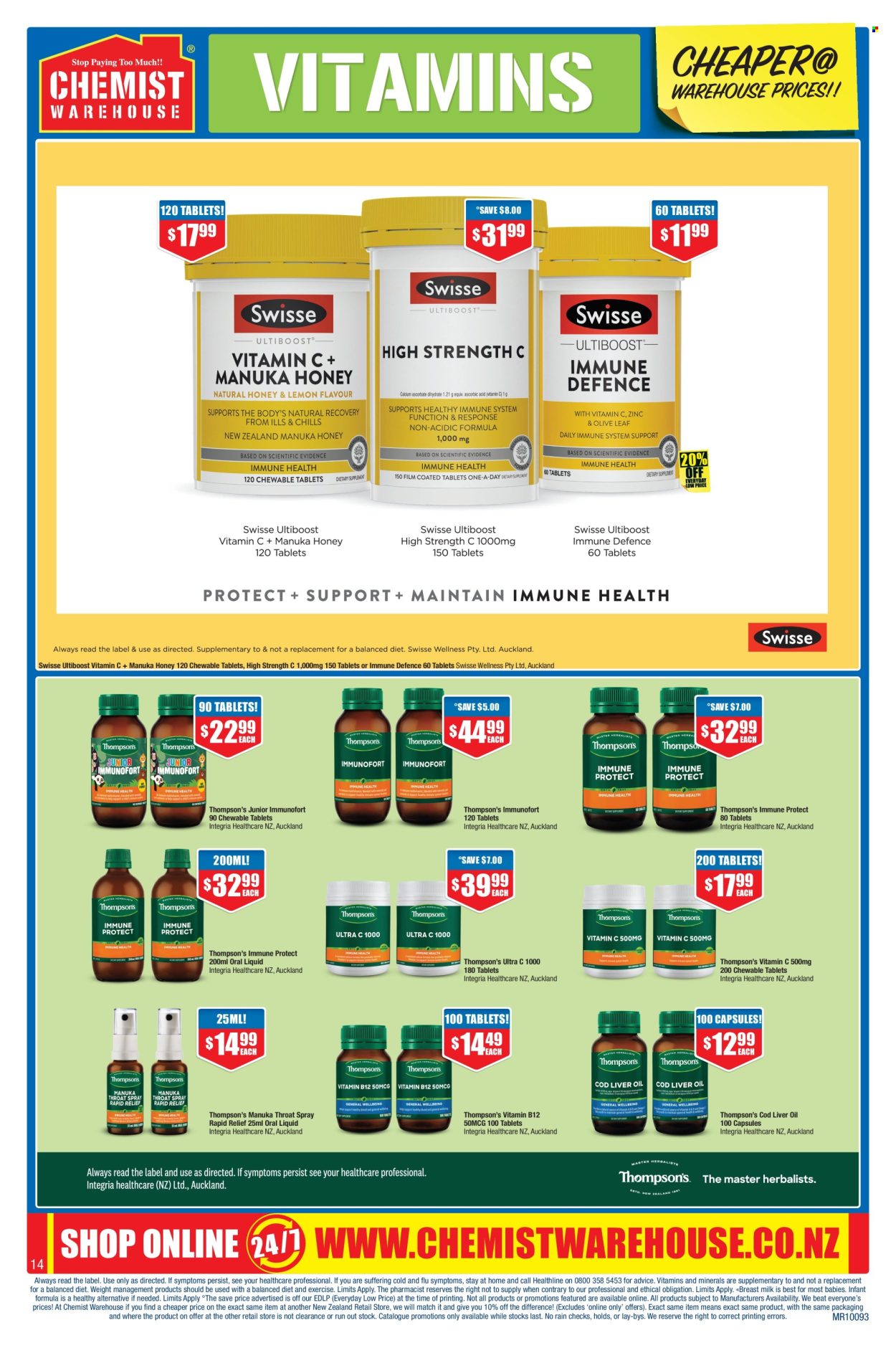 thumbnail - Chemist Warehouse mailer - 18.04.2024 - 12.05.2024 - Sales products - antibacterial spray, Swisse, vitamin c, vitamin B12, Thompson's, dietary supplement, vitamins. Page 14.