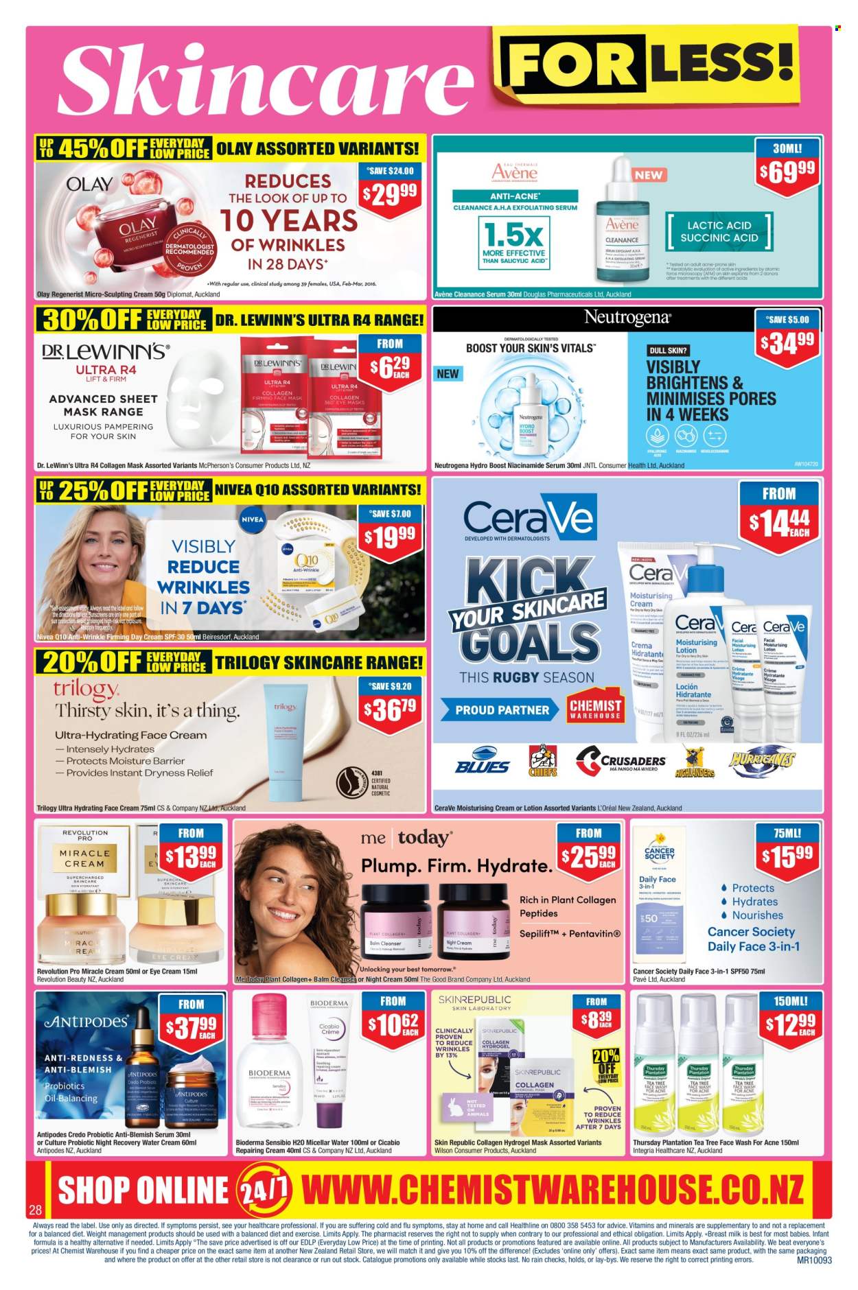 thumbnail - Chemist Warehouse mailer - 18.04.2024 - 12.05.2024 - Sales products - Nivea, face gel, CeraVe, cleanser, day cream, L’Oréal, micellar water, Neutrogena, serum, night cream, Olay, face cream, eye cream, Niacinamide, face wash, probiotics, dietary supplement, vitamins. Page 28.