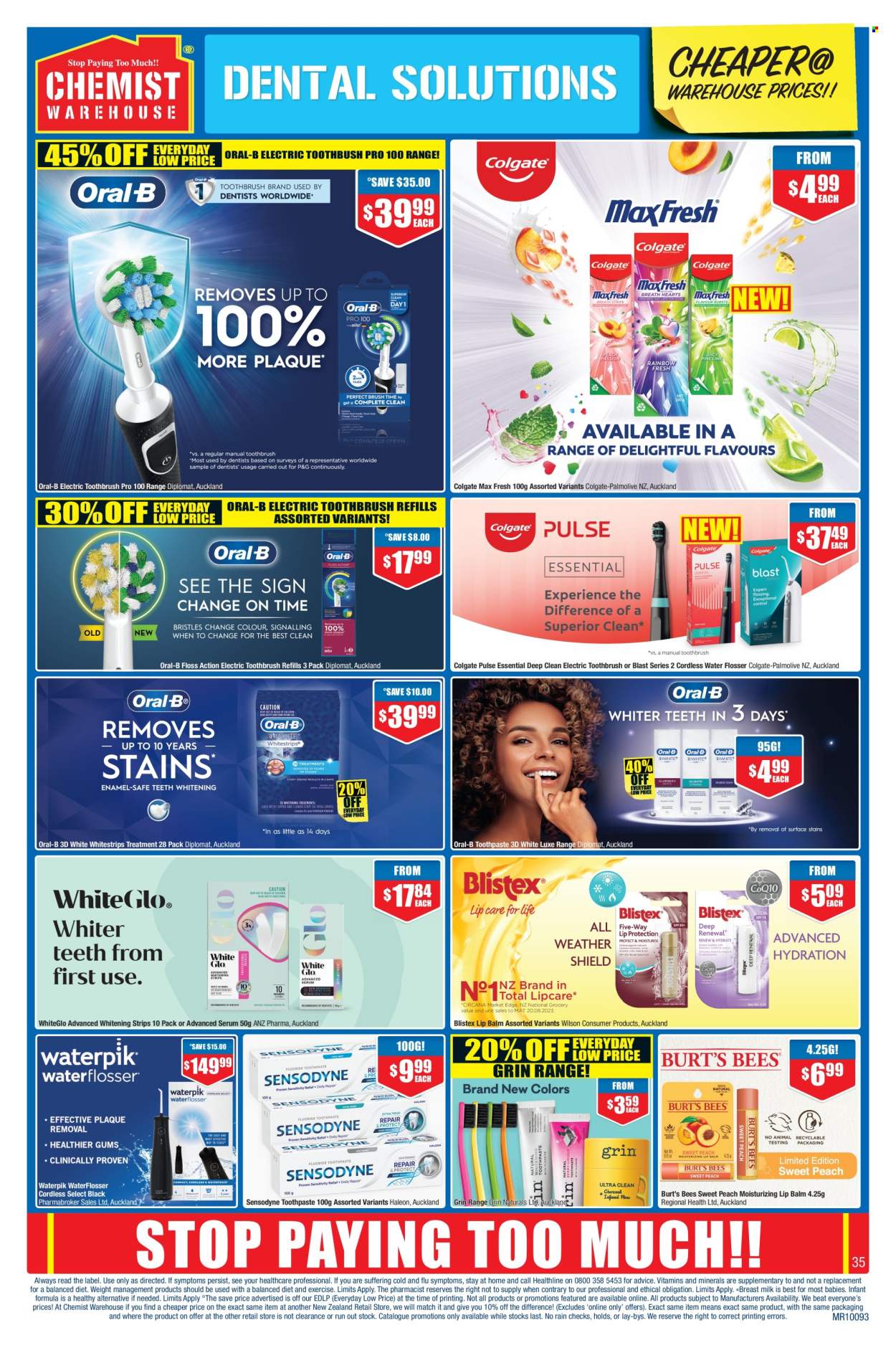 thumbnail - Chemist Warehouse mailer - 18.04.2024 - 12.05.2024 - Sales products - Palmolive, Colgate, toothbrush, Oral-B, toothpaste, Sensodyne, teeth whitening, dental floss, waterflosser, lip balm, serum, electric toothbrush, dietary supplement, vitamins. Page 35.