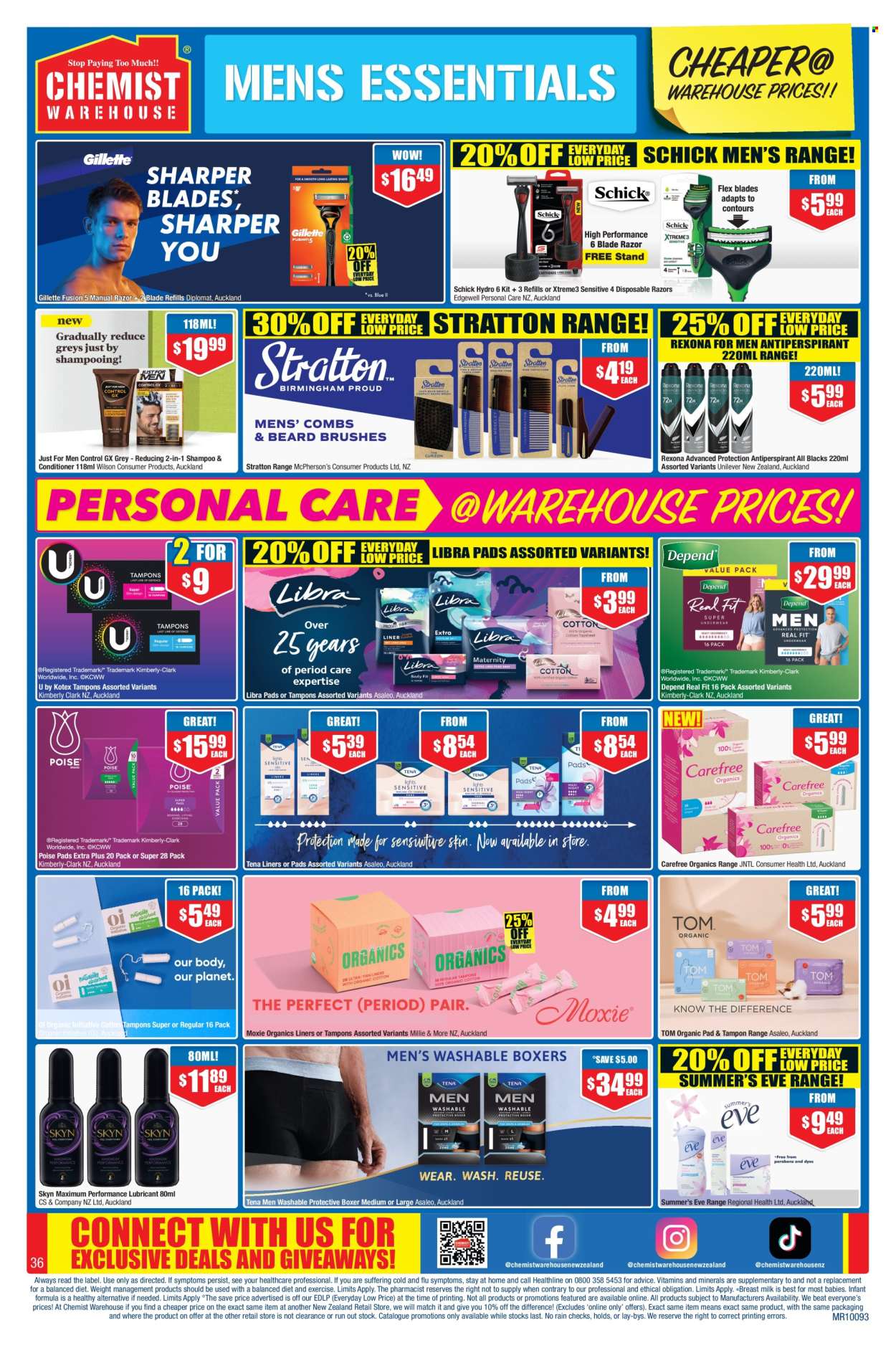 thumbnail - Chemist Warehouse mailer - 18.04.2024 - 12.05.2024 - Sales products - pads, shampoo, sanitary pads, Carefree, Kotex, tampons, Poise, conditioner, anti-perspirant, Rexona, Gillette, Schick, disposable razor, lubricant, dietary supplement, vitamins, incontinence care. Page 36.