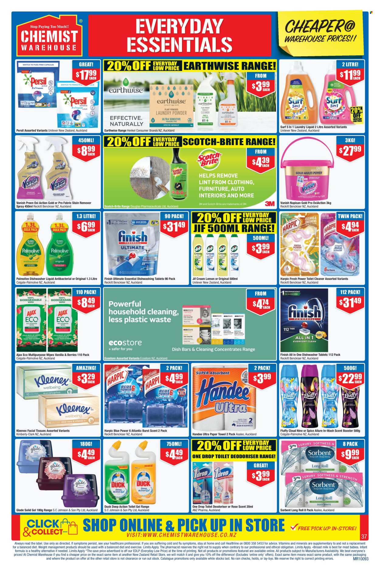 thumbnail - Chemist Warehouse mailer - 18.04.2024 - 12.05.2024 - Sales products - wipes, Johnson's, Kleenex, tissues, Handee, multipurpose wipes, kitchen towels, paper towels, cleaner, toilet cleaner, stain remover, Ajax Eco, Harpic, Jif, Vanish, Ajax, Persil, laundry detergent, Surf, scent booster, Finish Quantum Ultimate, Finish Allin1 Max, dishwasher tablets, Palmolive, Colgate, facial tissues, dietary supplement, vitamins. Page 37.