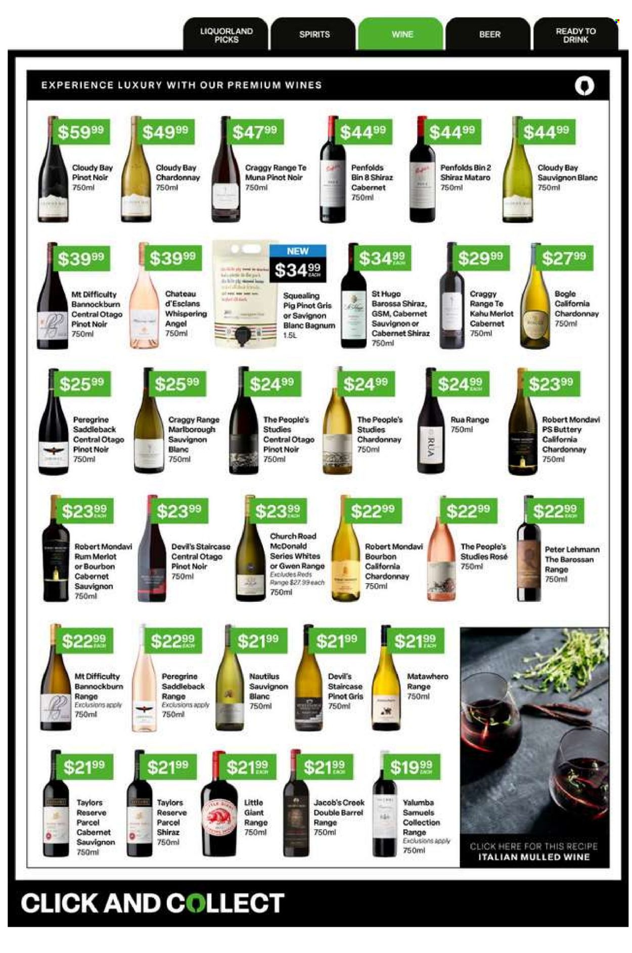 thumbnail - Liquorland mailer - 22.04.2024 - 05.05.2024 - Sales products - Cabernet Sauvignon, red wine, white wine, Chardonnay, wine, Merlot, Pinot Noir, alcohol, Shiraz, Pinot Grigio, Sauvignon Blanc, Bogle, mulled wine, bourbon, rum, beer. Page 13.