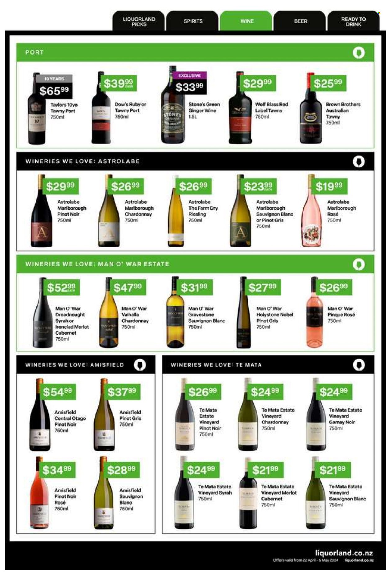 thumbnail - Liquorland mailer - 22.04.2024 - 05.05.2024 - Sales products - red wine, Riesling, white wine, Chardonnay, wine, Merlot, Pinot Noir, alcohol, Syrah, Pinot Grigio, Sauvignon Blanc, port wine, BROTHERS, beer. Page 14.