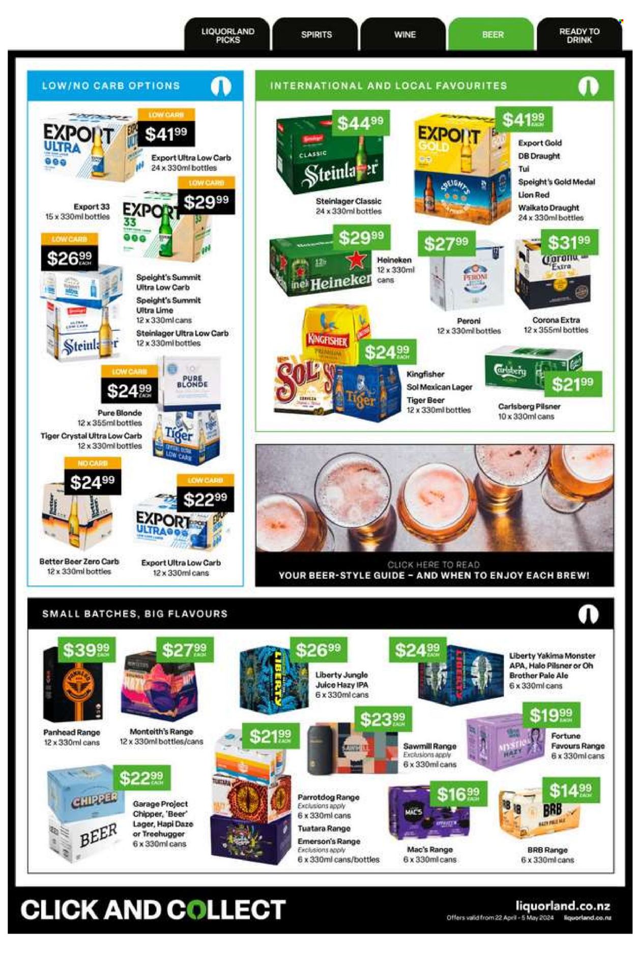 thumbnail - Liquorland mailer - 22.04.2024 - 05.05.2024 - Sales products - Monster, wine, alcohol, beer, Corona Extra, Heineken, Carlsberg, Steinlager, Peroni, Mac’s, Sol, Lager, IPA. Page 16.