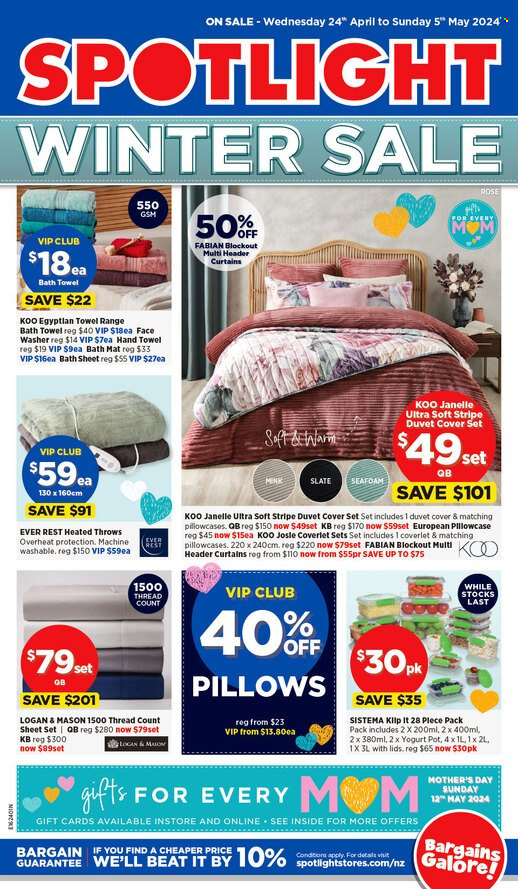 thumbnail - Spotlight mailer - 24.04.2024 - 05.05.2024 - Sales products - pillow, bedding, pillowcase, curtain, quilt cover set, bath mat, bath towel, towel, hand towel, bath sheet. Page 1.