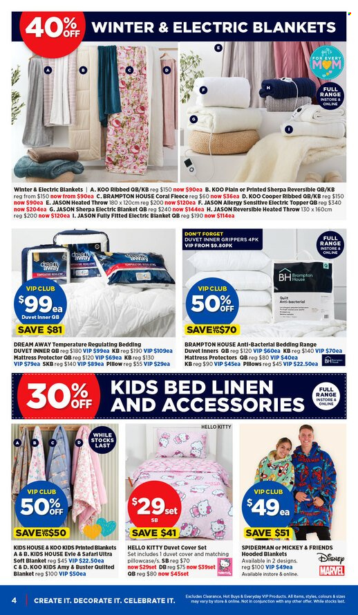 thumbnail - Spotlight mailer - 24.04.2024 - 05.05.2024 - Sales products - Disney, Spiderman, Hello Kitty, Mickey Mouse, pillow, bedding, blanket, linens, topper, pillowcase, mattress protector, quilt cover set, Marvel. Page 4.