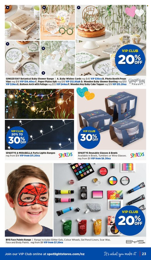 thumbnail - Spotlight mailer - 24.04.2024 - 05.05.2024 - Sales products - tumbler, wine glass, plate, bowl, glitter, pencil, balloons, paper plate, topper. Page 23.