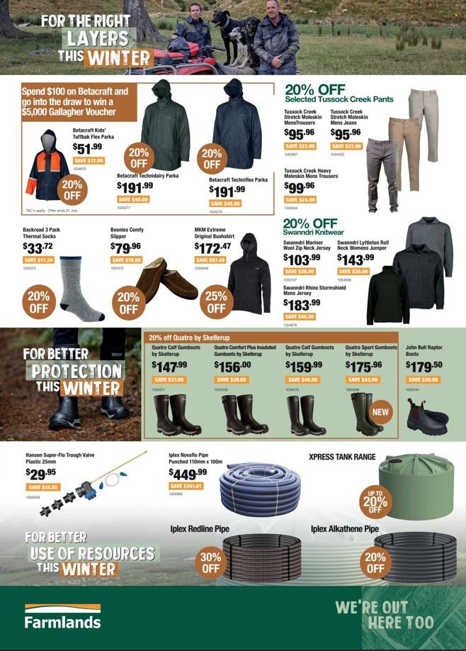 thumbnail - Farmlands mailer - Sales products - boots, slippers, tank, parka, trousers, jeans, pants, sweater, jersey, knitwear, socks, thermal socks, pipe. Page 2.