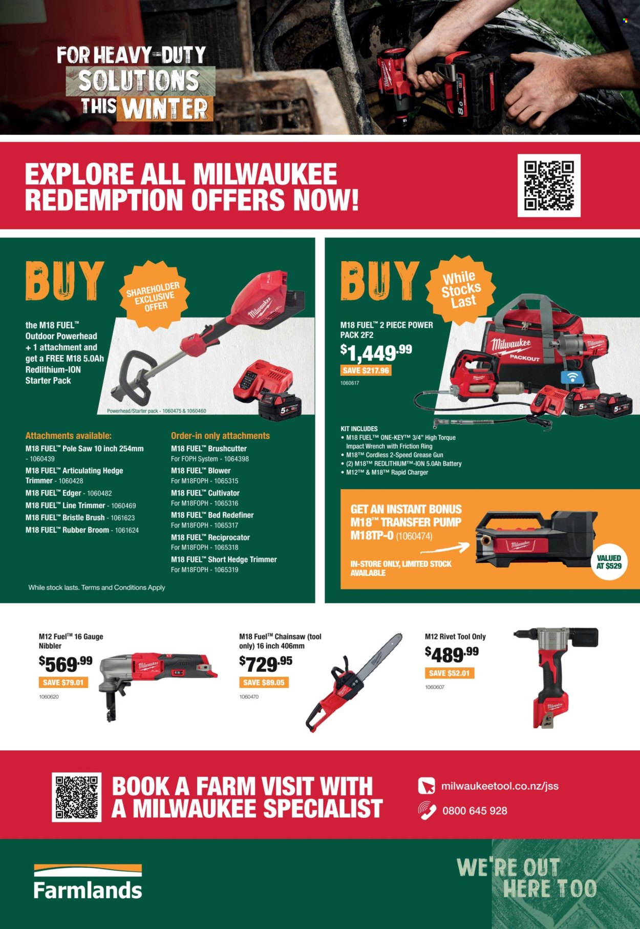 thumbnail - Farmlands mailer - Sales products - Milwaukee, impact wrench, chain saw, saw, string trimmer, hedge trimmer, blower, hand tools, gauge. Page 4.