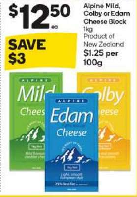 Alpine Mild, Colby or Edam Cheese Block