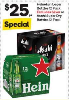 Heineken Lager Bottles 12 Pack or Asahi Super Dry Bottles 12 Pack