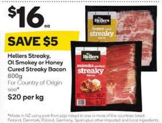 Hellers Streaky, Ol Smokey or Honey Cured Streaky Bacon