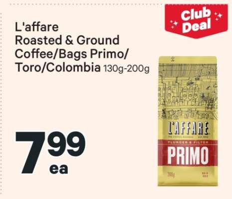 L'affare Roasted & Ground Coffee/Bags Primo/Toro/Colombia